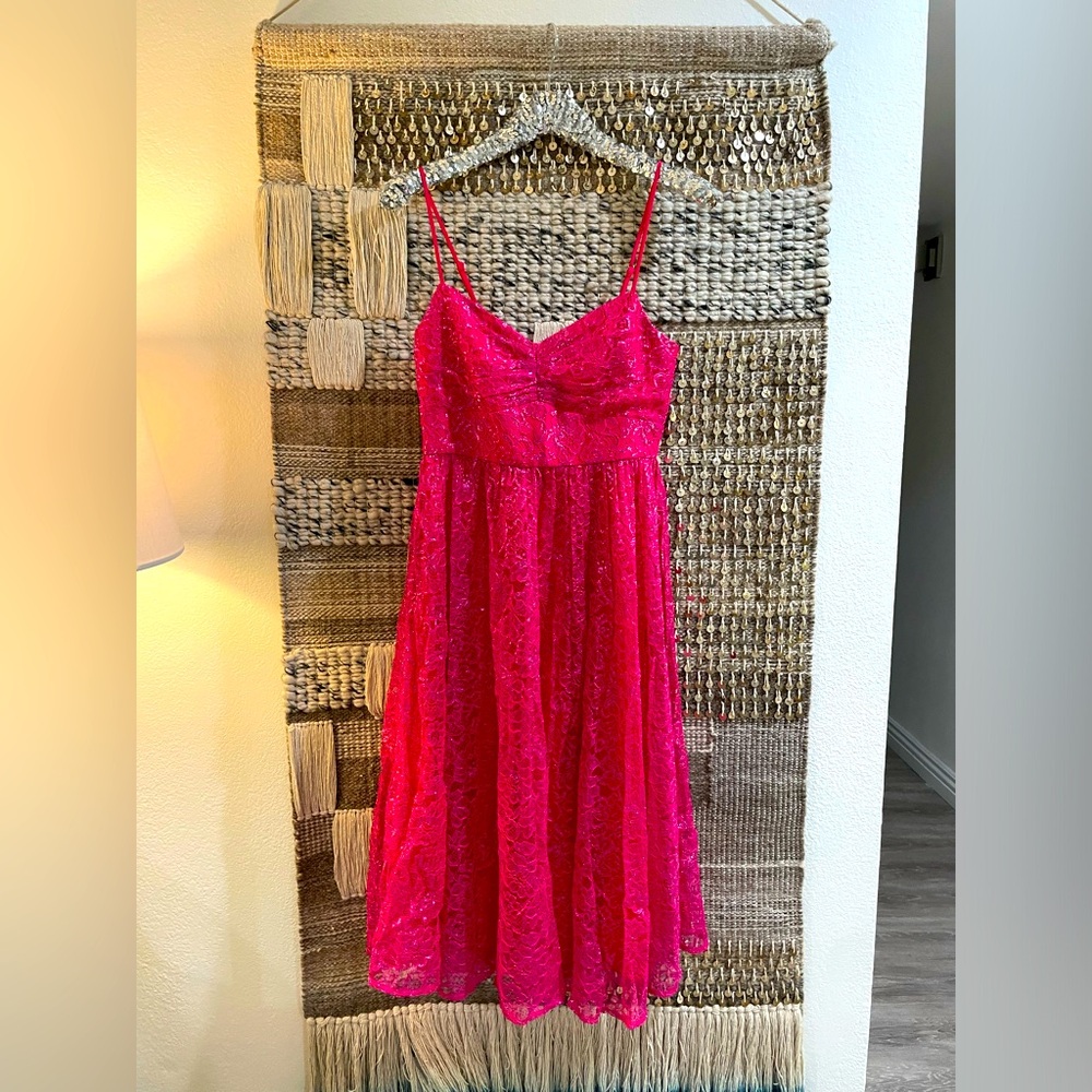 🩷 J Crew hot pink sparkly lace midi dress sz 4